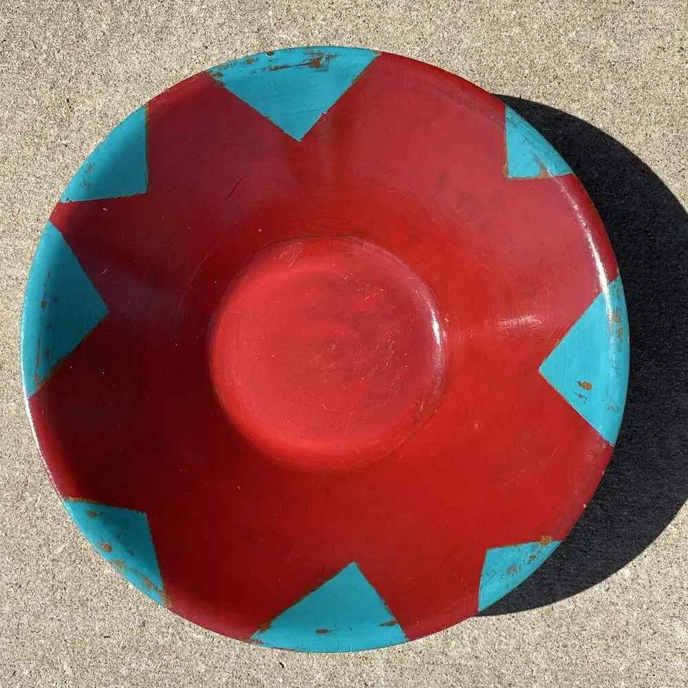 Wooden Bowl Hand Painted Red Turquoise Southwest Decor Art‎ Signed 14 x 4.5